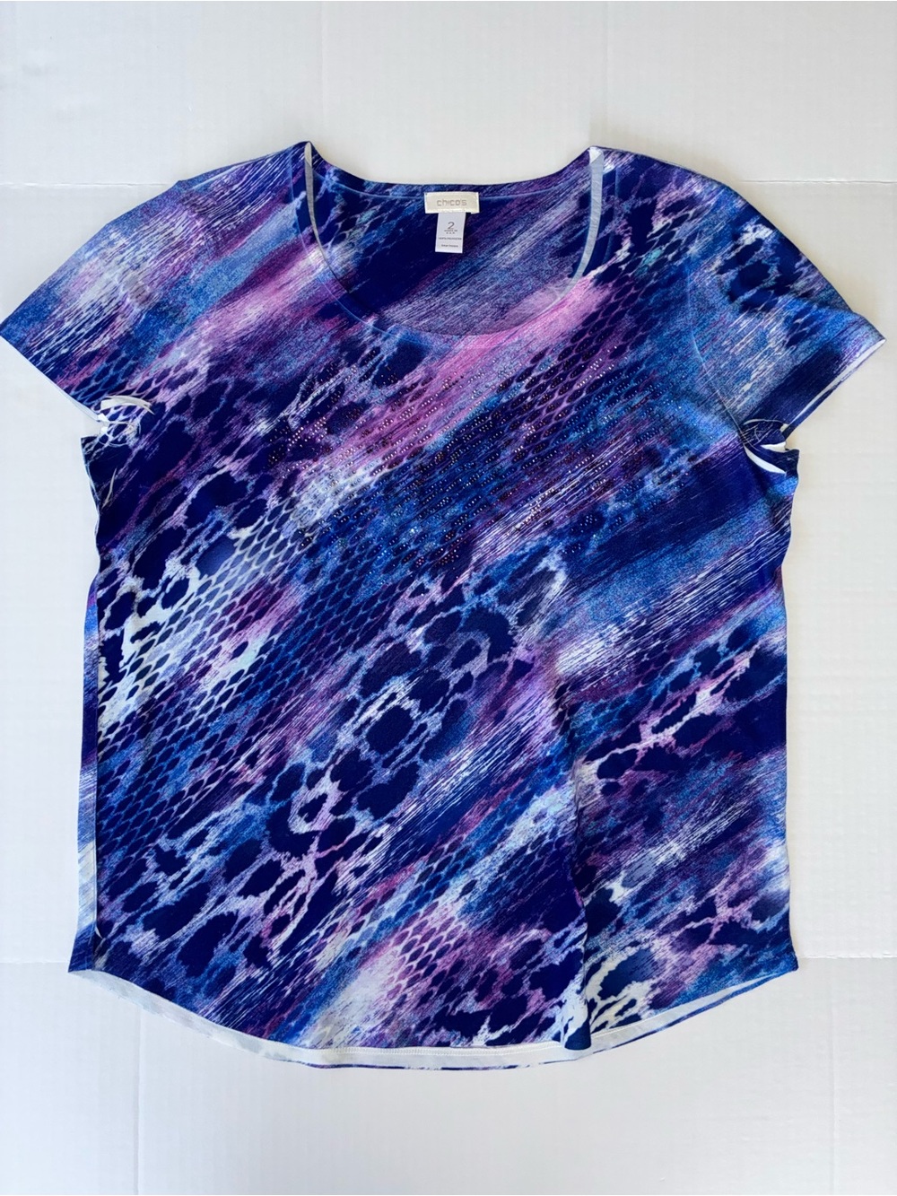 Chico’s Women’s Short Sleeve Top Size 2 Blue Purple Abstract Rhinestone